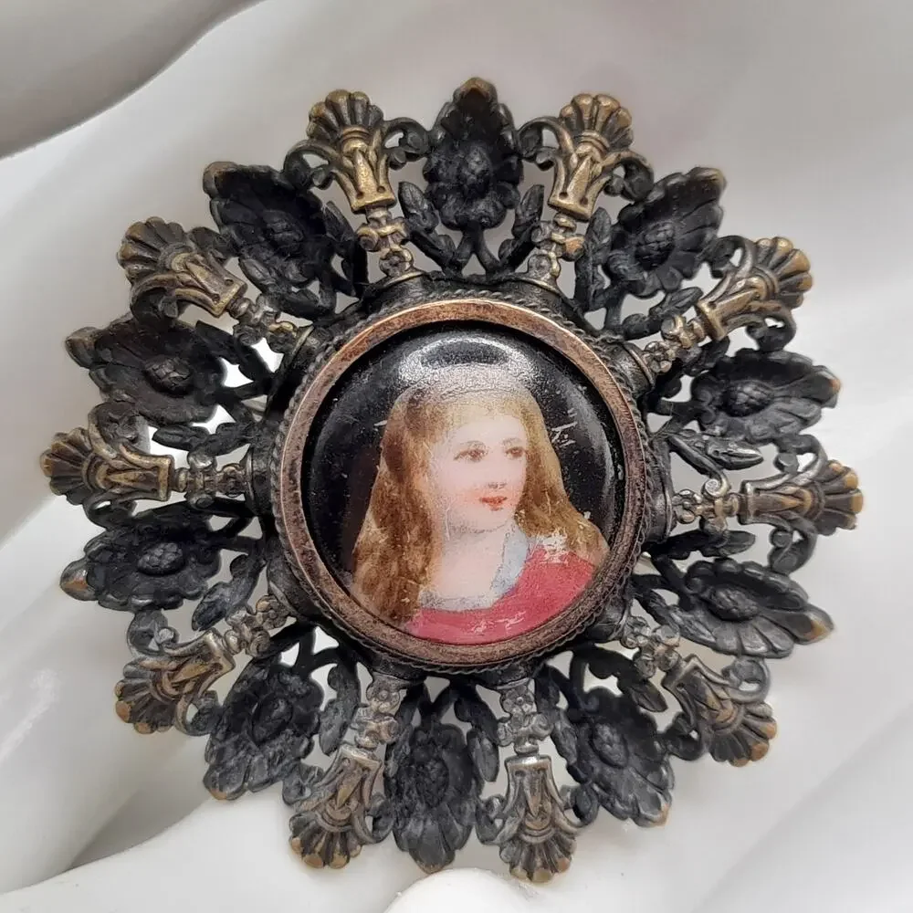 Antique Edwardian Portrait Brooch, C Clasp, Brass Filigree, Early 1900s
